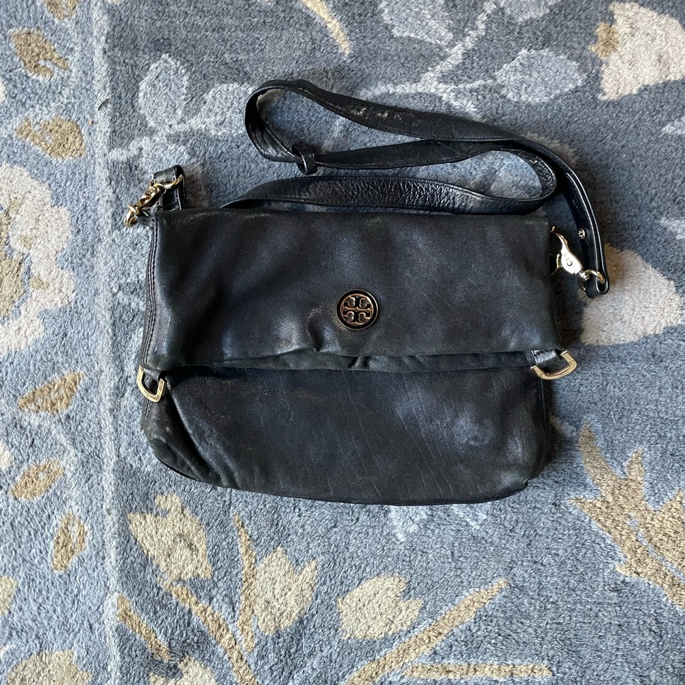 Tory Burch Dena Fold over Leather Crossbody Purse Black With Gold Hardware